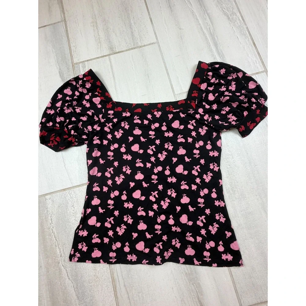 Boden T1006 Black Pink Cherry Floral Puff Sleeve Square Neck Top US 8 UK 12